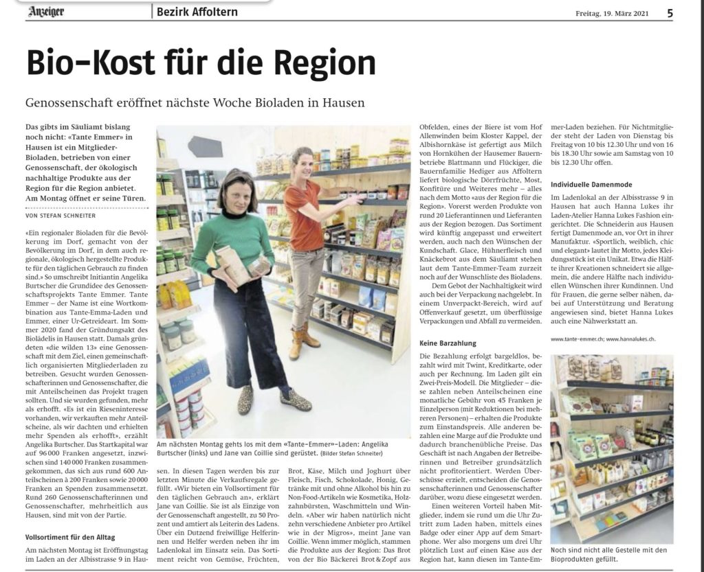 Zeitung_Affolter Anzeiger_Biokost für die Region